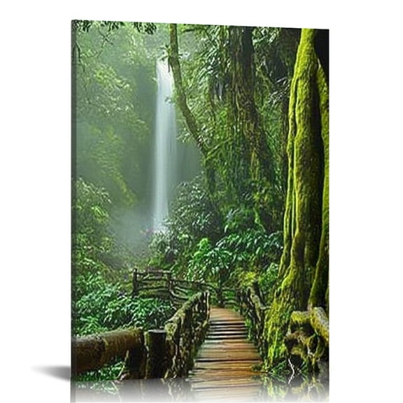 BCIIG Forest Waterfall Wooden Walkway Canvas Art Print Wall Decor 12x16 in