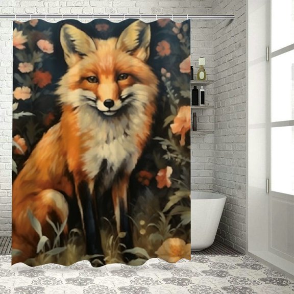 BCIIG Fox Flowers Fields Bathroom Decor Set with Hooks, Colorful Luxurious Graphic Print Polyester Fabric Shower Curtain Set, Waterproof Bathroom Decor, Easy Installation 36x72