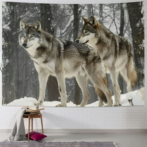 BCIIG Framed Wolf Picture Wall Decor: Wild Animal In Winter Snow Painting On Wood Print Ready To Hang Living Room Bedroom Artwork 40x30inch