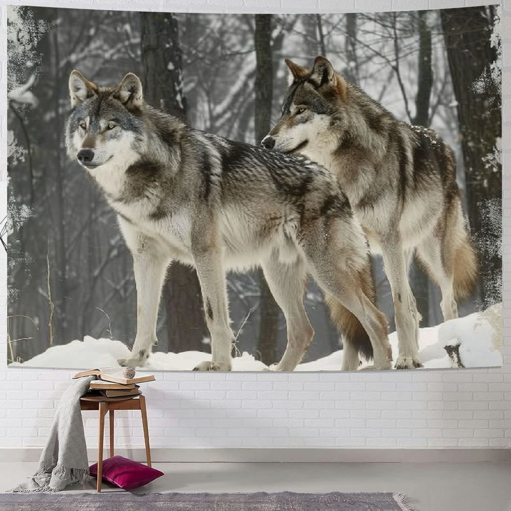 BCIIG Framed Wolf Picture Wall Decor: Wild Animal In Winter Snow Painting On Wood Print Ready To Hang Living Room Bedroom Artwork  40x30inch