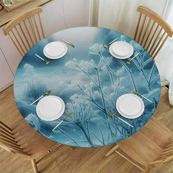 BCIIG Frozen Branches Snow Round Table Cover Stain Resistant Washable Indoor Outdoor Tablecloth Kitchen Dining Wedding Parties Elastic Edge 100% Polyester Fiber 38-42