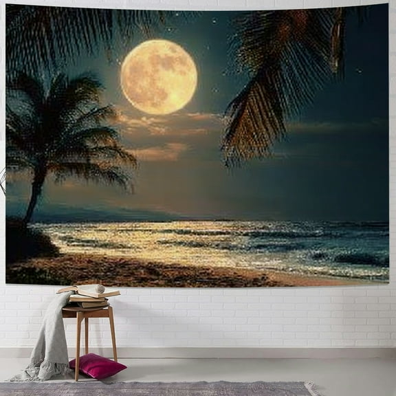 BCIIG Full Moon Ocean Palm Trees Tapestry Wall Hanging Art Decor 40x30inch