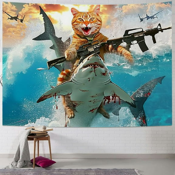 BCIIG Funny Cat Tapestry, Hilarious Cat Riding Cool Shark at Ocean Wave Tapestry Wall Decor, Japanese Kanagawa Wave Anime Art Tapestry for Bedroom Aesthet, Funny Small Tapestry 40x60inch