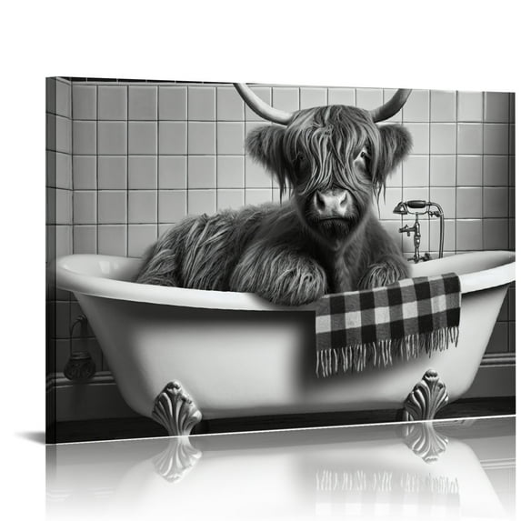 BCIIG Funny Highland Cow Bathroom Decor Wall Painting , Vintage Black and White Rustic Style Cute Animals Canvas Art Poster for Restroom Decoration, Farmhouse