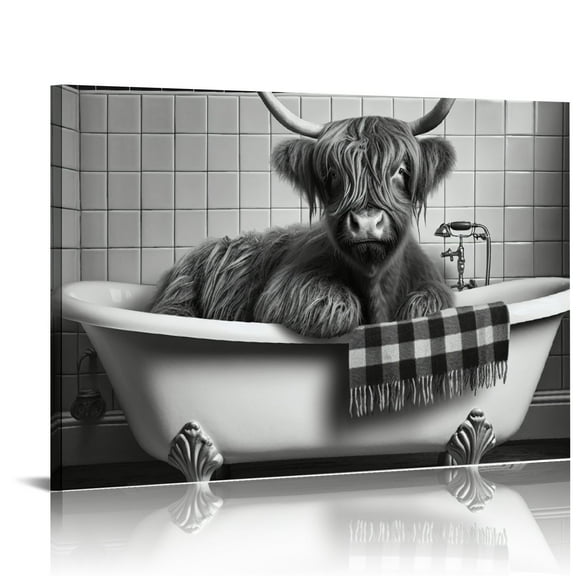 BCIIG Funny Highland Cow Bathroom Decor Wall Painting , Vintage Black and White Rustic Style Cute Animals Canvas Art Poster for Restroom Decoration, Farmhouse