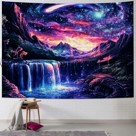 BCIIG Galaxy Tapestry Trippy Planet Tapestry Reactive Waterfall Landscape Tapestry Fantasy Mountain Wave Wall Tapestry Mysterious Neon Plants Wall Hanging for Room 40x30inch