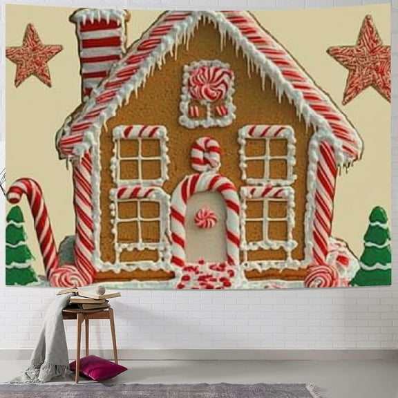 BCIIG Gingerbread House Candy Canes Star Tapestry Wall Hanging Unique Style for Home Wall Decor Art Living Room Bedroom Apartment Farmhouse Dorm Christmas Decoration 40x30inch