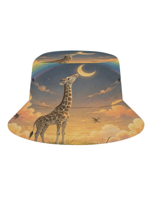 Giraffe Rainbow Crescent Moon Swallow Cloud Landscape Art Bucket Hat, Soft, Printed, Packable Fisherman Sun Hat for Beach Travel Hiking Vacation, Sun Hat for Women Men, One Size