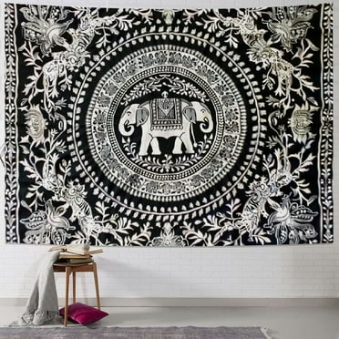 BCIIG  HANDICRAFT - Black and White Elephant Tapestry Mandala Tapestry, Boho Mandala Tapestry, Wall Hanging
