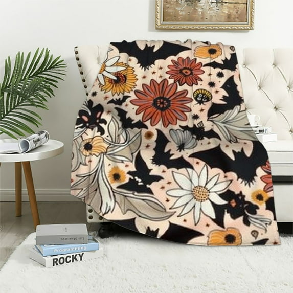 BCIIG Halloween Bat Blanket Gifts for Adults Kids Women Girls Soft Warm Flannel Vintage Floral Throw Blankets for Bed Home Sofa Decor 50x60in
