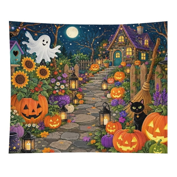 BCIIG Halloween Garden Path Ghost Black Cat Tapestry Polyester Print ...