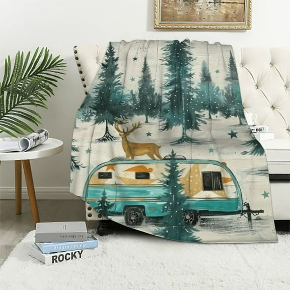 BCIIG Happy Camping Kids Throw Blanket,Deer Antler Pine Trees Stars RV Trailer Bed Blanket for Boys Girls,Outdoor Adventure Trip Fleece Blanket,Grey Green Fuzzy Blanket,Baby Size 40x50in