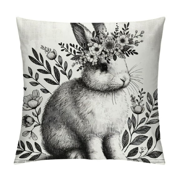 BCIIG Happy Easter Decorative Cotton Linen Throw Pillow Covers Cute Farm Animal Shy Blush Rabbit with Vintage Flower Floral Cushion Case Best Gift for Kids Pillowcase