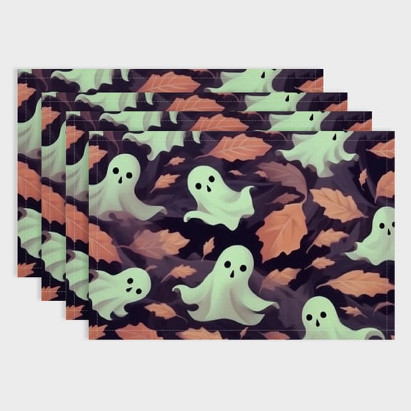 BCIIG Happy Halloween Funny Placemats, Ghost Cute Pink Background Table Mat Linen Burlap Washable Double-Deck Heat Insulation for Dining Table Kitchen Table Set of 4 18x12in