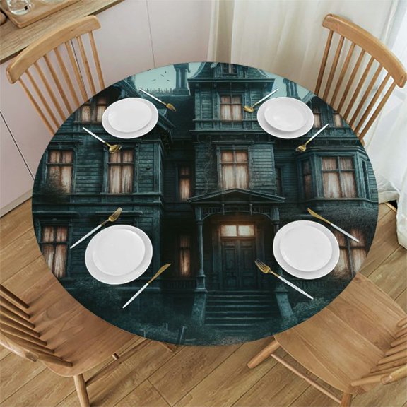 BCIIG Haunted House Crows Suspense Round Table Cover Stain Resistant Washable 100% Polyester Fiber Halloween Theme Perfect for Indoor Outdoor Kitchen Dining Wedding Parties Tablecloth 46-50