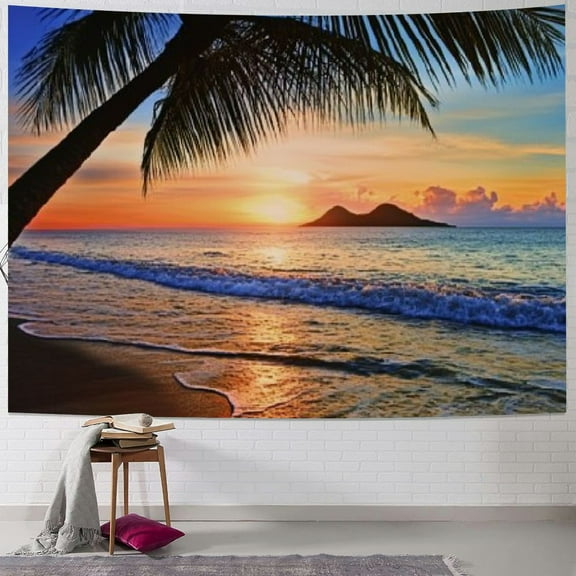 BCIIG Hawaiian Tapestry King Size, Pacific Sunrise at Lanikai Beach Hawaii Colorful Sky Wavy Ocean Surface Scene, Wall Hanging Bedspread Bed Cover Wall Decor 40x30inch