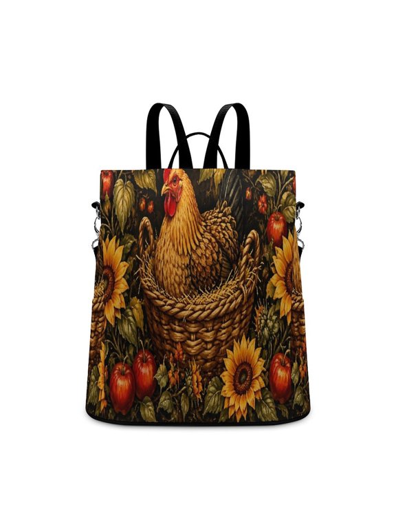 Hen In Wicker Basket Sunflower Red Apple Farm Art Anti Theft Backpack, Purse for Women, Secure Back Zipper, Multi-Purpose Rucksack Backpack With Adjustable Strap, Womens Travel Backpack, Lightw