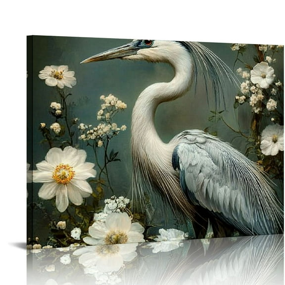 BCIIG Heron Bird Wall Art Bird Pictures Blue Heron Print Wild Animal Canvas Art Egret Artwork Wild Bird Picture  Plant Vintage Bird Artwork Flower Painting Decor  20x16in