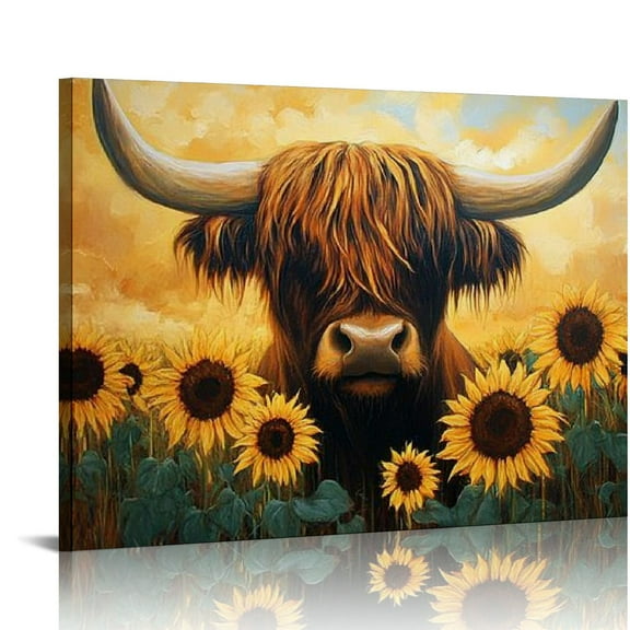BCIIG Highland Cattle Canvas Wall Art Cute Cow and Sunflowers Warm and Soft Color Painting Picture Wall Decor  Print Artwork for Bathroom Farmhouse Living Room Office Home Decoration 20x16in