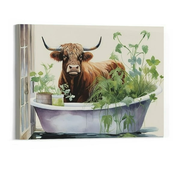 BCIIG Highland Cow Bathroom Wall Art Longhorn Cow Bathtub Wall Decor Farmhouse Botanical Animals Bathroom Pictures Canvas Painting Print Modern Artwork Framed for Bathroom Restroom 20x16in