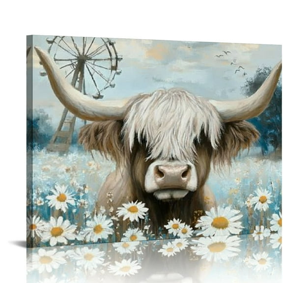 BCIIG Highland Cow Bathroom Wall Art Rustic Farmhouse Picture Cute Cattle in the White Daisy Flower Bush Animal Canvas Print Painting  Artwork for Kitchen Bedroom Living Room Office Decor  20x16in