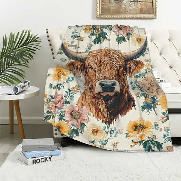 BCIIG Highland Cow Floral Blanket, Rustic Animal-Themed Throw with Highland Cattle and Flowers, Soft Cozy Lightweight Blanket, for Farmhouse Decor Lovers 40x50in