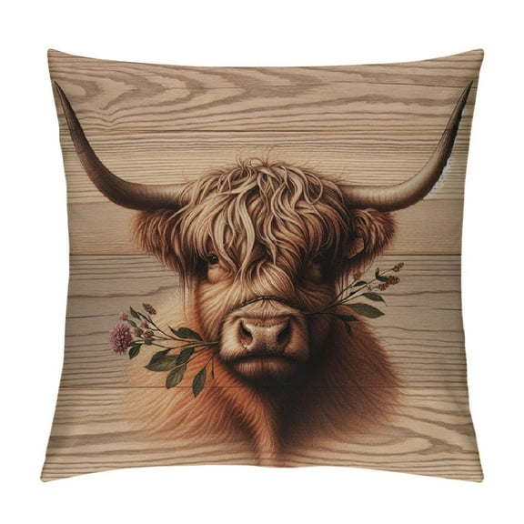 BCIIG Highland Cow Flowers Graphic Decorative Throw Pillow Cover for Home Cushion Living Room Sofa, Short Plush Home Furnishing 12x12in
