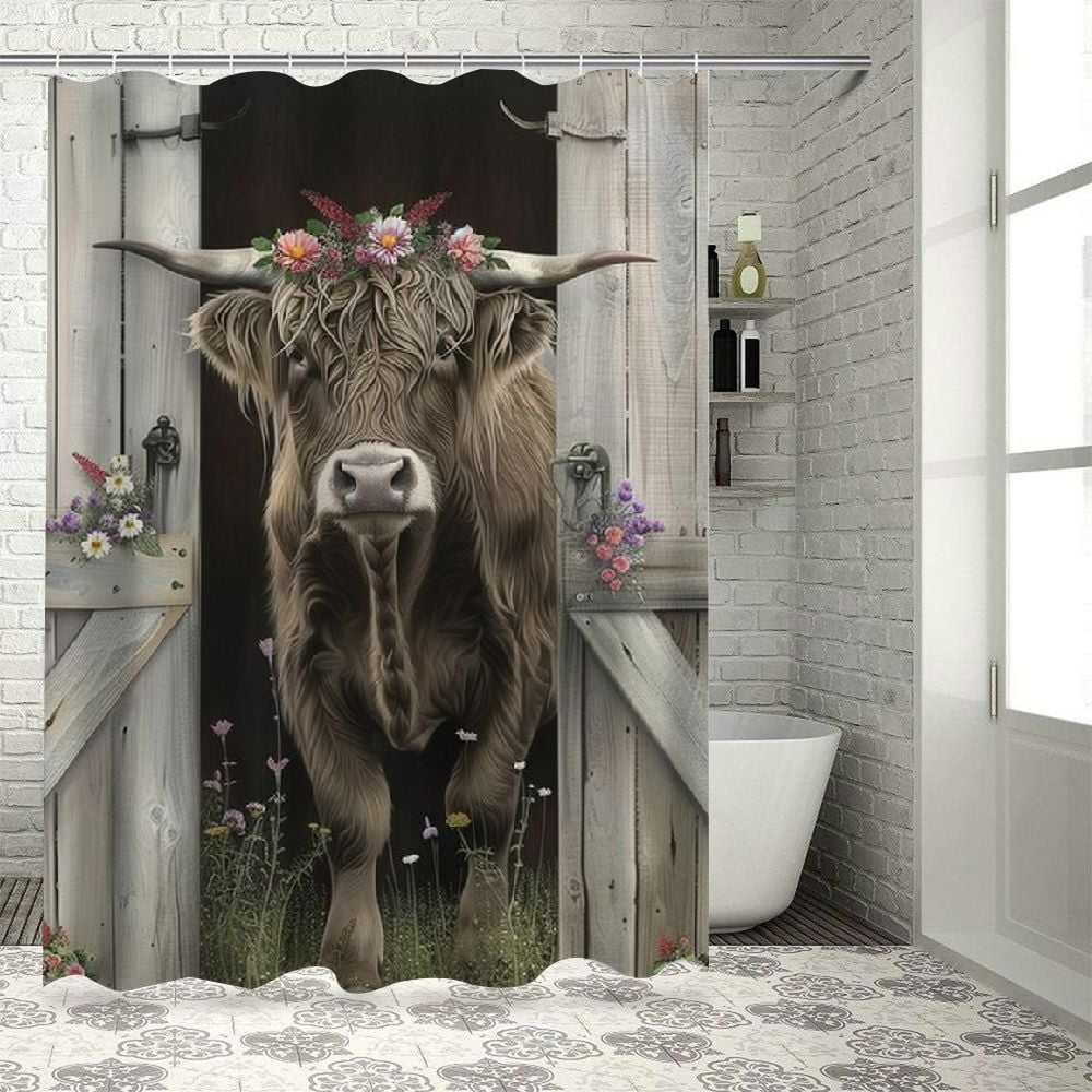 Fall Highland Cow Shower Curtain – 71x71 Inch, Water-Repellent, Farmhouse Pumpkin & Sunflower Bathroom Decor