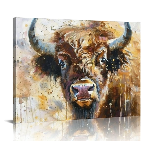 BCIIG Highland Cow Wall Art Colorful Abstract Animals Portrait Paintings Vintage Brown Cattle Canvas Prints Watercolor Farmhouse Artwork for Living Room Bedroom Bathroom Kitchen Home Decor 20x16in
