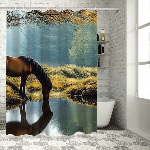BCIIG Horse Forest Lake Shower Curtain Set with Hooks, Premium 100% Polyester Fabric Bathroom Decoration, Waterproof, Easy to Install, Vibrant HD Print 69"x72