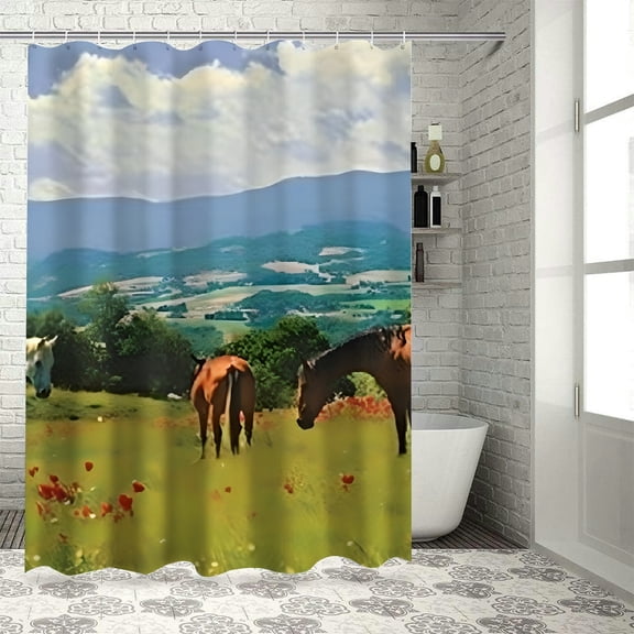 BCIIG Horses Mountains Field Shower Curtain Set with Hooks 100% Polyester 36"x72
