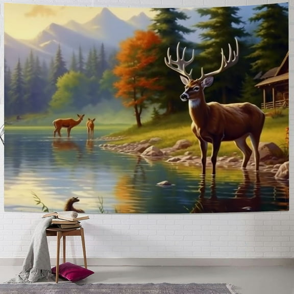 BCIIG House Lake Tapestry,Deer Flower Tree Cabin Wall Hanging Art for Kid Boys Girl Home Room Decor,Rustic Farmhouse Vintage Wall Blanket,Hunting Animal Theme Porch Hangings 40x30inch