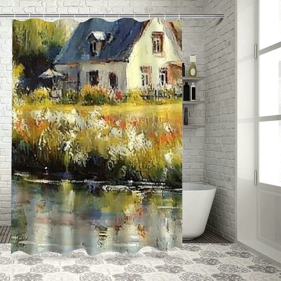 BCIIG House River Field Shower Curtain Set 100% Polyester Fiber Bathroom Decoration with Hooks 36"x72