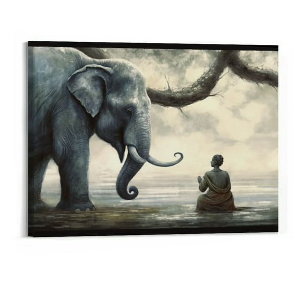 BCIIG Human Animals at Peace Nature Canvas Wall Art for Living Room Decor Elephant with Monk in Tree Forest Painting Print Zen Picture Artwork Home Bedroom Bathroom Wall Decor Ready to Hang