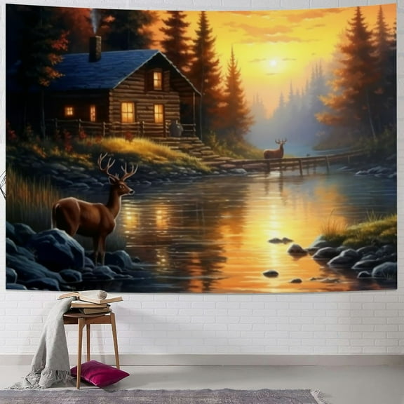 BCIIG Hunting Adventure Wall Hanging Lake Hunt Lodge Decor Wild Deer Tapestry Natural Scenery Pine Trees Rustic Farmhouse Lightweigh Microfiber Tapestries for Dorm Bedroom Living Room,Large 60x50inch