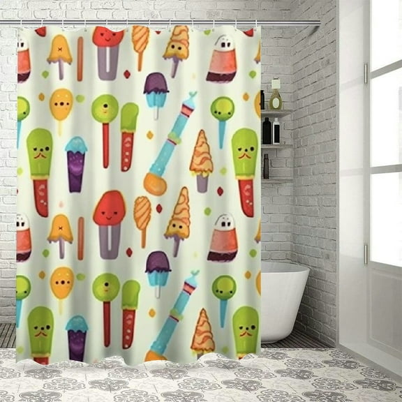 BCIIG Ice Cream Popsicles Pattern Bathroom Decor Set with Hooks, Colorful Luxurious Polyester Fabric Fashion Shower Curtain Set, Waterproof Hooks Included 36"x72