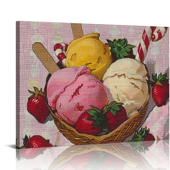 BCIIG Ice Cream Strawberries Candy Cane Wall Decor for Bedroom Home Office Living Room Kitchen Pictures 20x16in