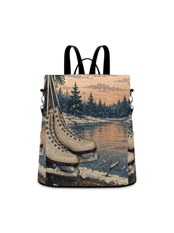 Ice Skates Lakeside Winter Landscape Anti Theft Backpack, Purse for Women, Secure Back Zipper, Multi-Purpose Rucksack Backpack With Adjustable Strap, Womens Travel Backpack, Lightweight Casual