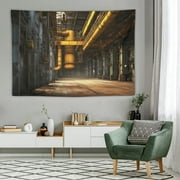 BCIIG  Industrial Tapestry, Industrial Interior of Old Factory Building Construction Spooky Warehouse, Wall Hanging for Bedroom Living Room Dorm, 60" X 40", Yellow Grey