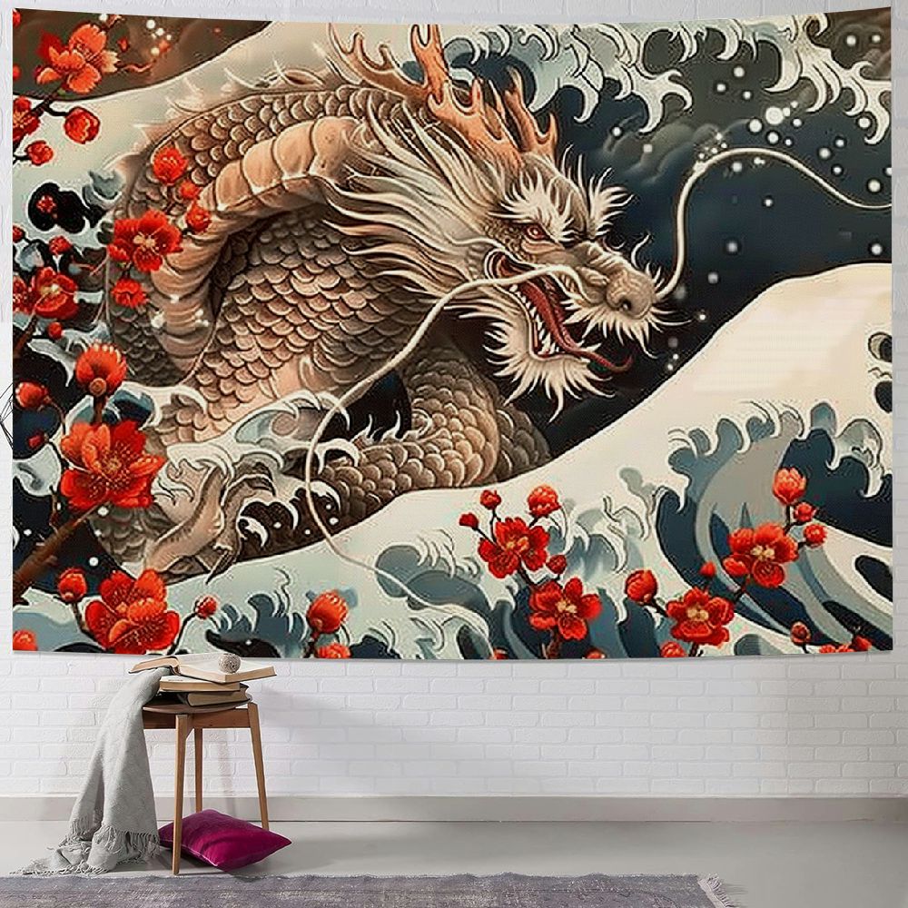 BCIIG Japanese Dragon Tapestry For Bedroom Aesthetic Sunset Cherry