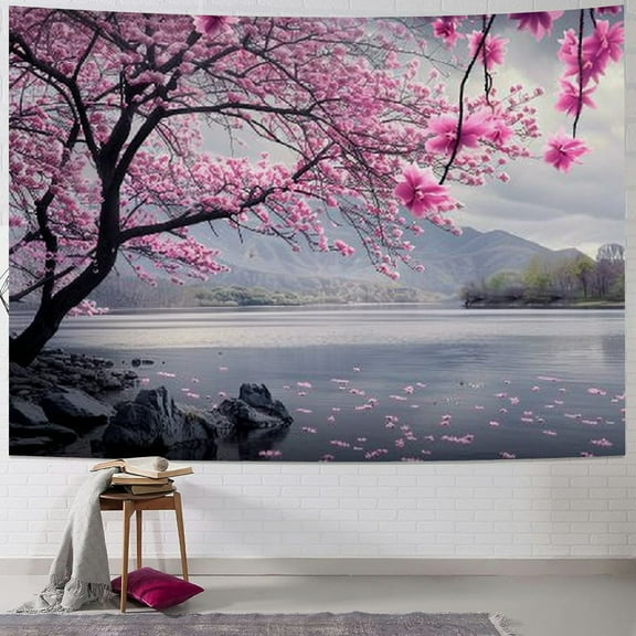 BCIIG  Japanese Tapestry for Bedroom Aesthetic, Asian Cherry Blossom Landscape Tapestry Wall Hanging, Ocean Nature Scenery Wave Wall Tapestry for Living Room Office Dorm Asia Art Decor Painting