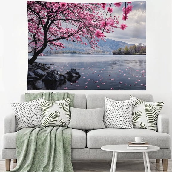 BCIIG Pink Cherry Blossom Lake Mountain Tapestry, Asian Scenic Floral Nature Wall Hanging, Japanese Inspired Spring Landscape Decor for Bedroom Living Room Office Dorm, 60x80in