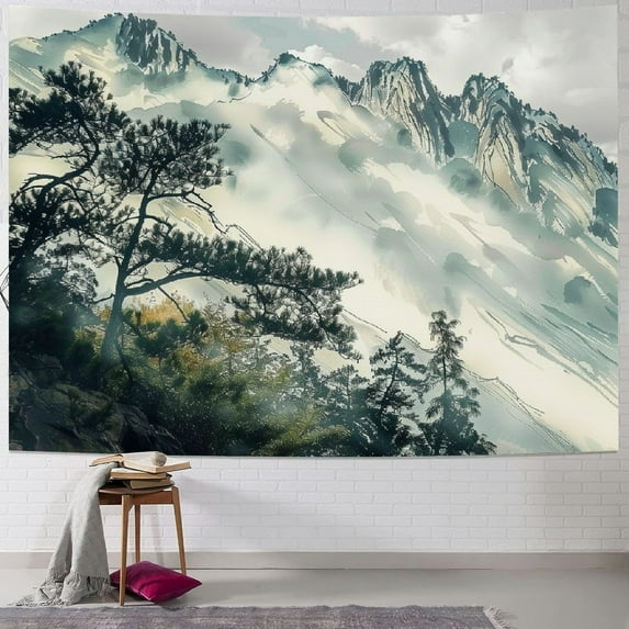 BCIIG Japanese Tapestry Wall Hanging Asian Chinese Landscape Bedroom Decor for Men Painting Oriental Style Ink Watercolor Mountain Trees Black Print Bedroom Living Room 50x40inch