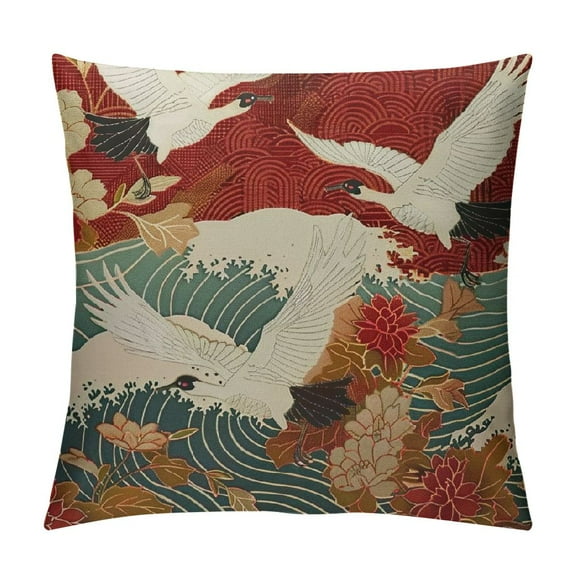 BCIIG  Japanese Throw Pillow Cover,Asian Oriental Two Cranes and Chrysanthemums Japan Wave Floral Pattern Decorative Pillow Cases Linen Square Cushion Covers for Home Sofa Couch