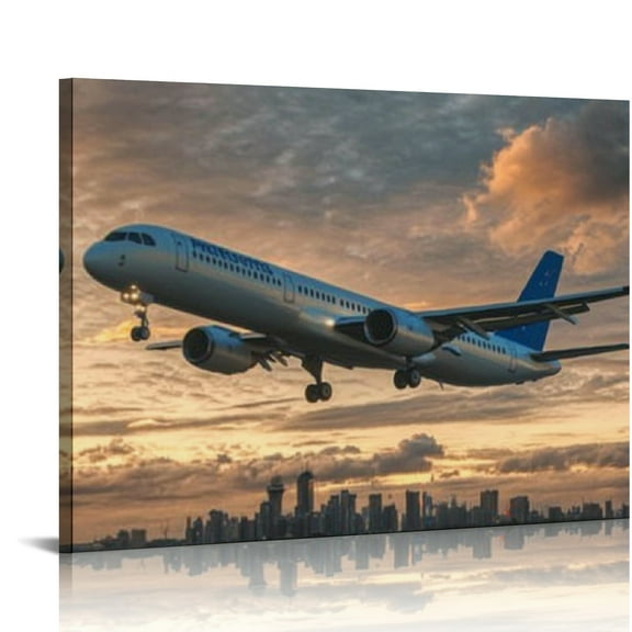 BCIIG Jetliner Cloudy Sky City Skyline Canvas Prints Wall Art for Living Room Bedroom Home Office Decor 20x16in
