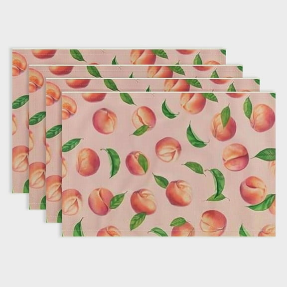 BCIIG Juicy Peach Print Table Place Mats, Set Cute Summer Fruit Placemats Set of 4 for Decor Pink Peach Placemat for Kitchen Dining Table Decor Indoor Outdoor Leaves 18x12in