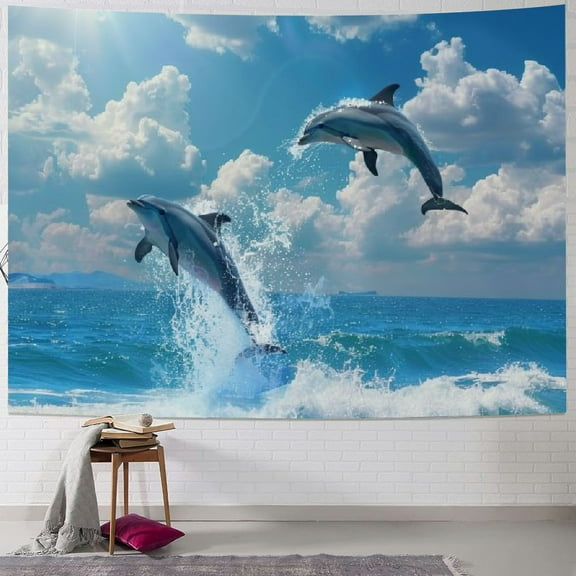 BCIIG Jumping Dolphins- Large Tapestry Wall Hanging Funny Tapestries Wall Art Tapestrys Home Living Room Wall Decor Easy To Hang Tapestry For Bedroom Aesthetic Living Room