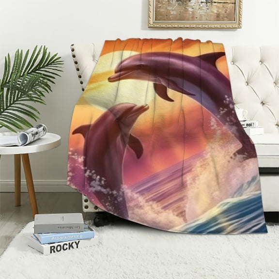 BCIIG Kawaii Dolphin Blanket Ocean Sunset Throw Blanket for Bed, Coastal Hawaii Beach Theme Fleece Blanket Sea Wave Print Sherpa Blanket, Marine Animal Wildlife Sealife Fuzzy Blanket 60x80in
