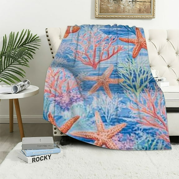 BCIIG Kids Starfish Beach Throw Blanket Twin Boys Girls Ocean Sealife Plush Blanket Ocean Marine Sherpa Blanket Nautical Sea Creatures Fuzzy Blanket 50x60in