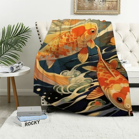 BCIIG Koi Fish Throw Blanket,Japanese Style Fleece Blanket for Bedroom,Ukiyo-E Themed Fuzzy Blanket,Abstract Sea Wave Sherpa Blanket,Cartoon Koi Couple Fishes Bed Blanket,Orange 60x80in
